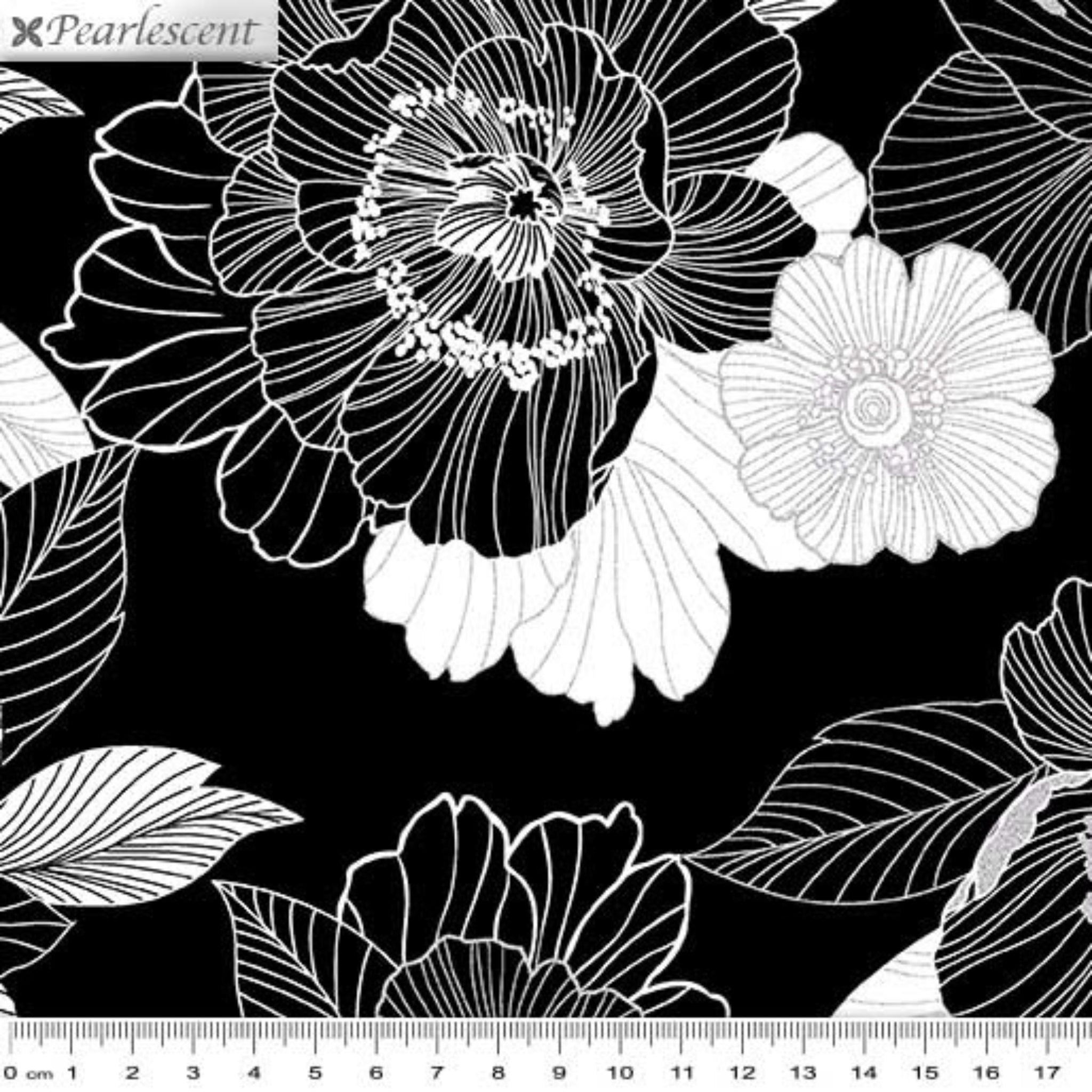 Large blooms white grey black pearlescent fabric for elegant quilts and sophisticated patchwork projects