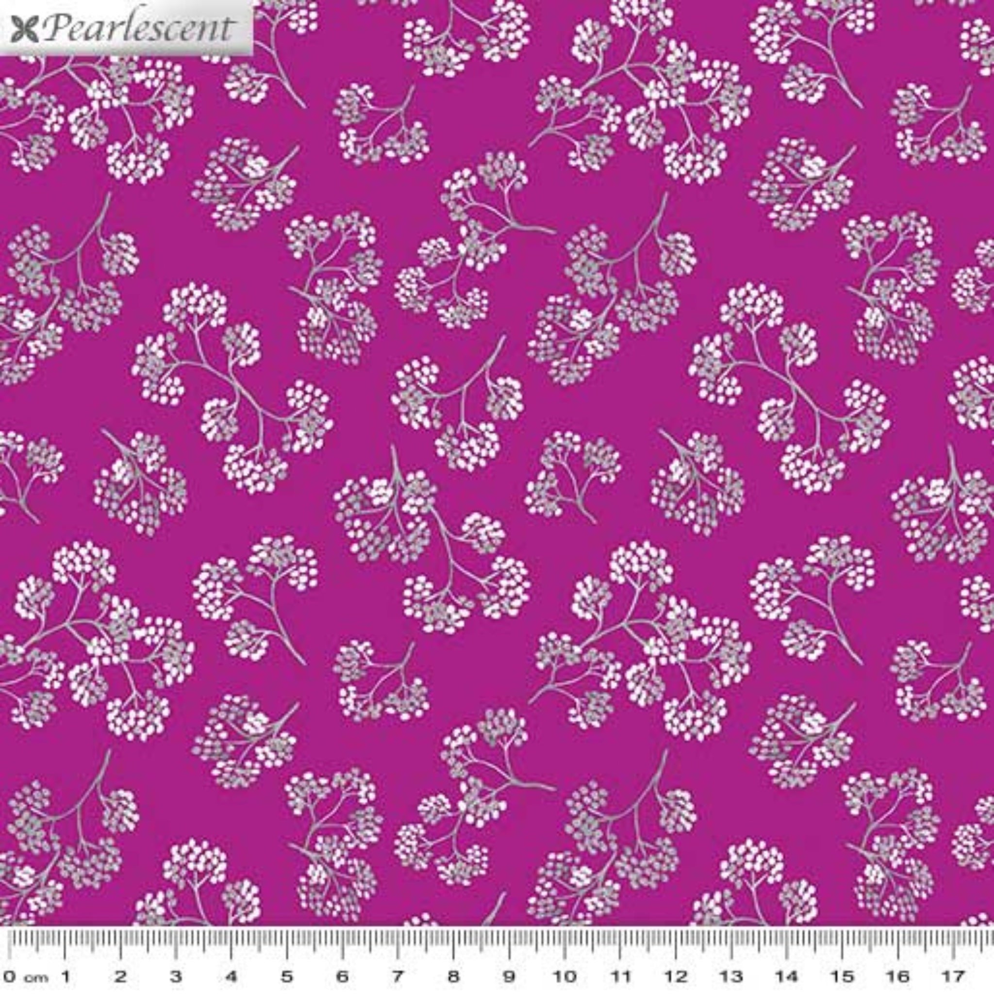 Delicate flower sprigs silver berry pink pearlescent fabric for elegant quilts and sophisticated patchwork projects