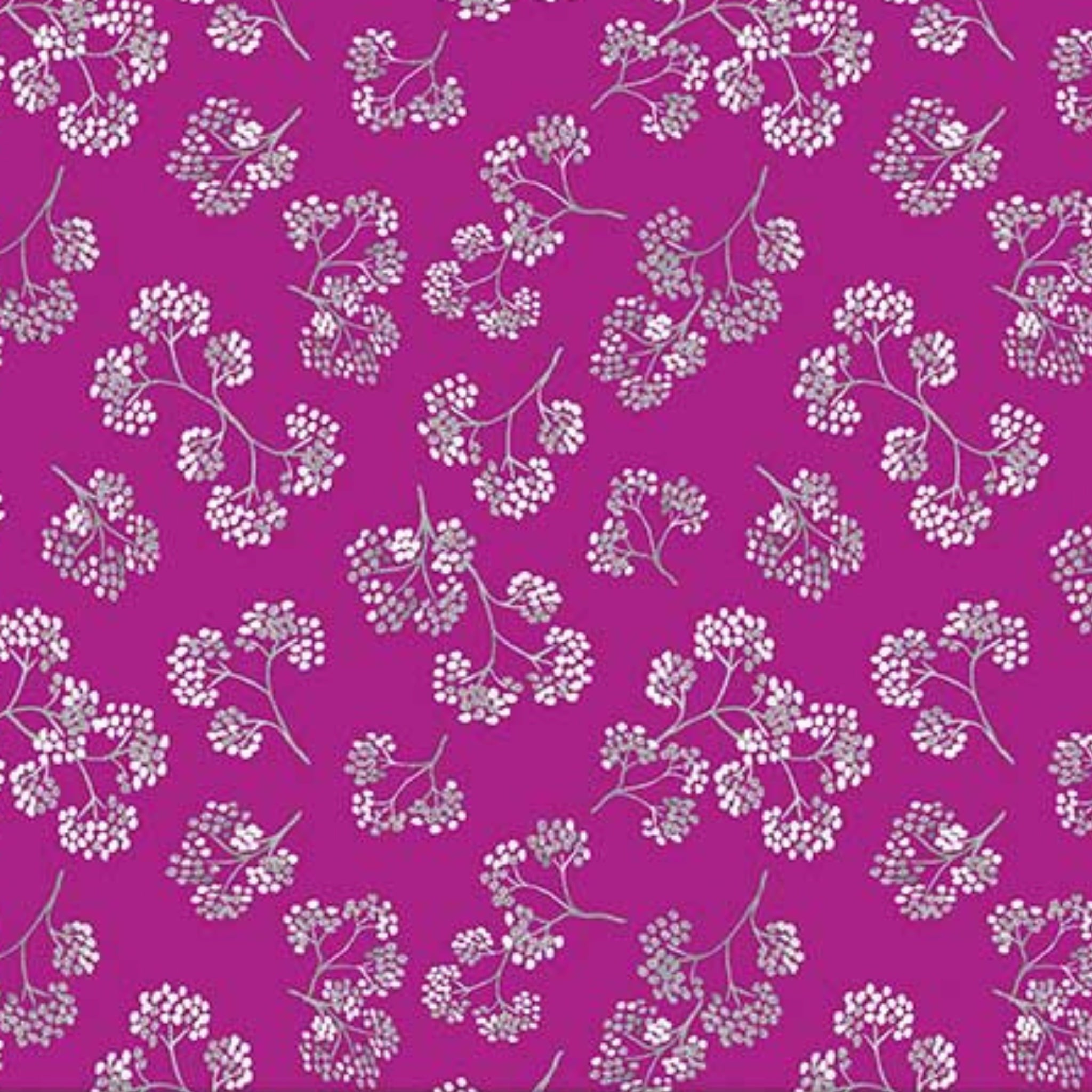 Delicate flower sprigs silver berry pink pearlescent fabric for elegant quilts and sophisticated patchwork projects