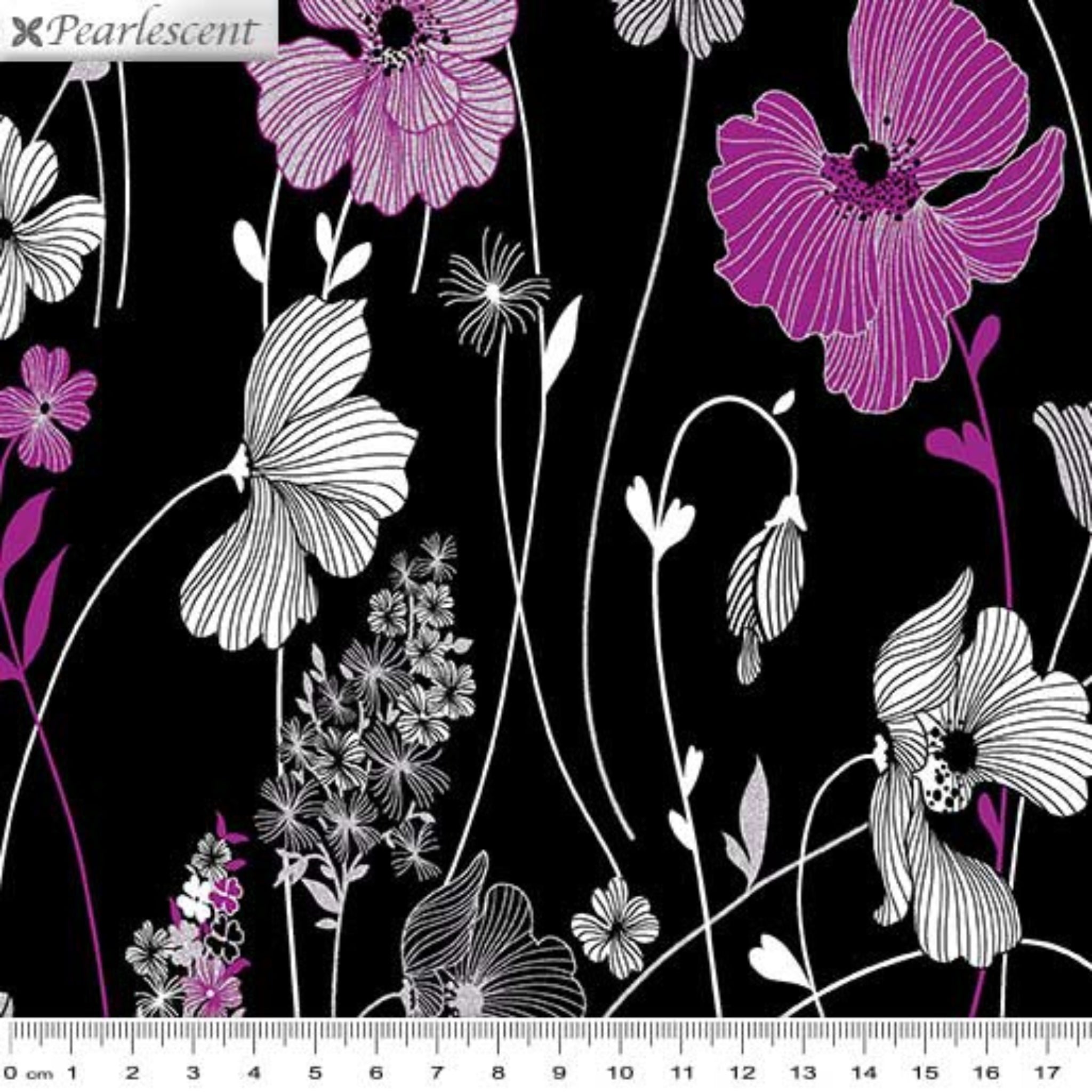 Garden florals magenta pink black pearlescent fabric for elegant quilts and sophisticated patchwork projects