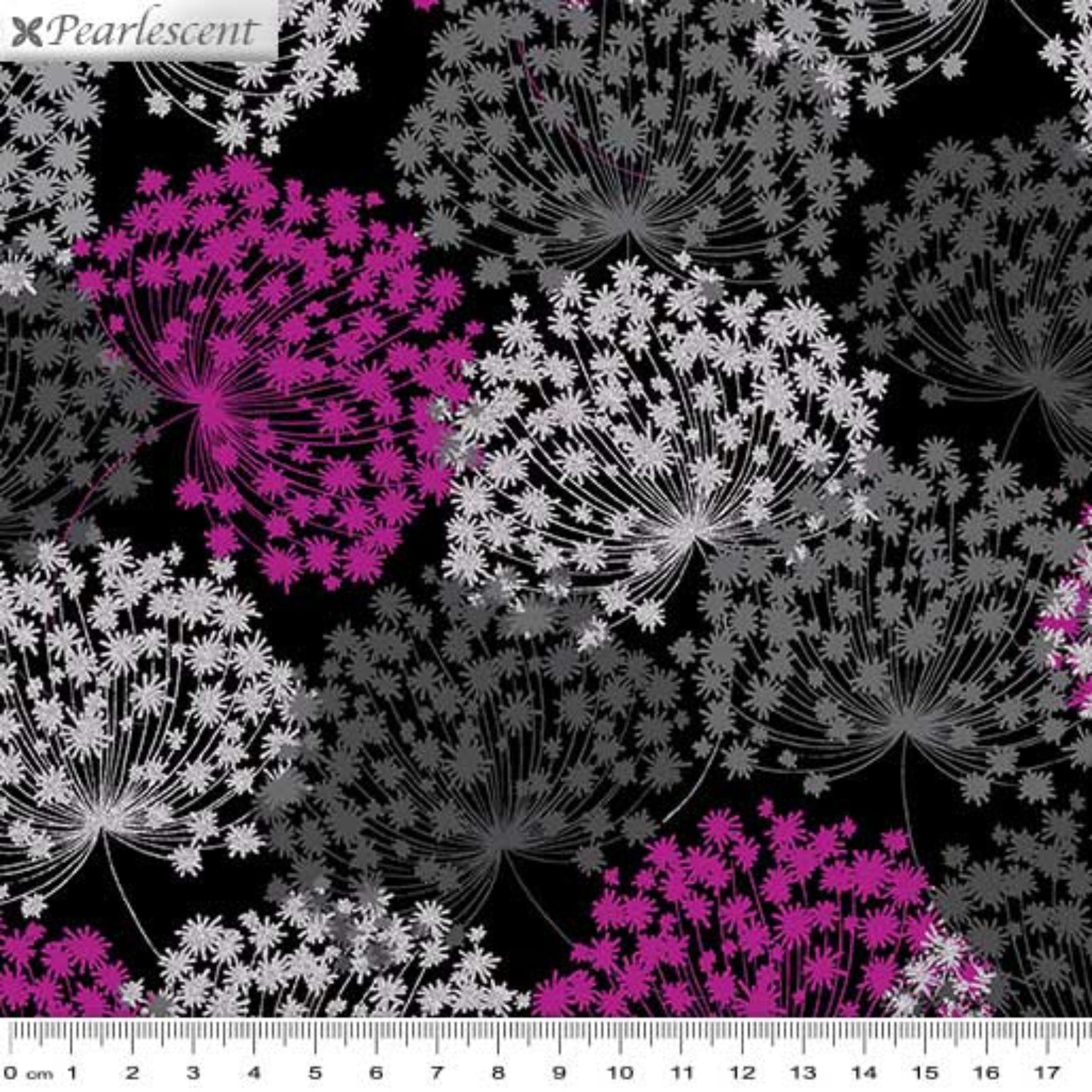 Wildflower blooms magenta gray black pearlescent fabric for elegant quilts and sophisticated patchwork projects