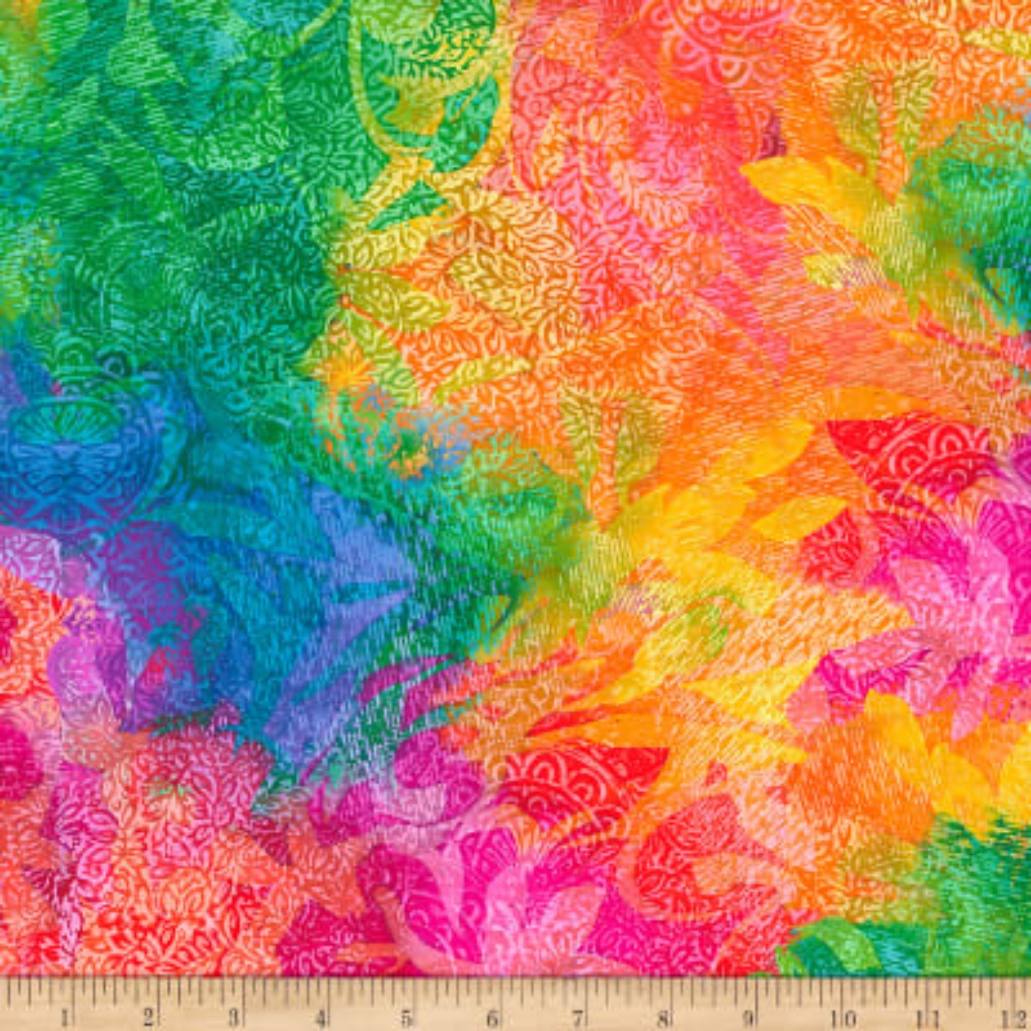 Rainbow watercolour abstract vines fabric in vibrant multi colours for quilts and patchwork sewing projects
