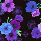 Tossed anemone blooms cobalt blue violet purple mauve lime green leaves ghost flower outlines black background digital print fabric for feature quilts bags cushions and elegant home décor