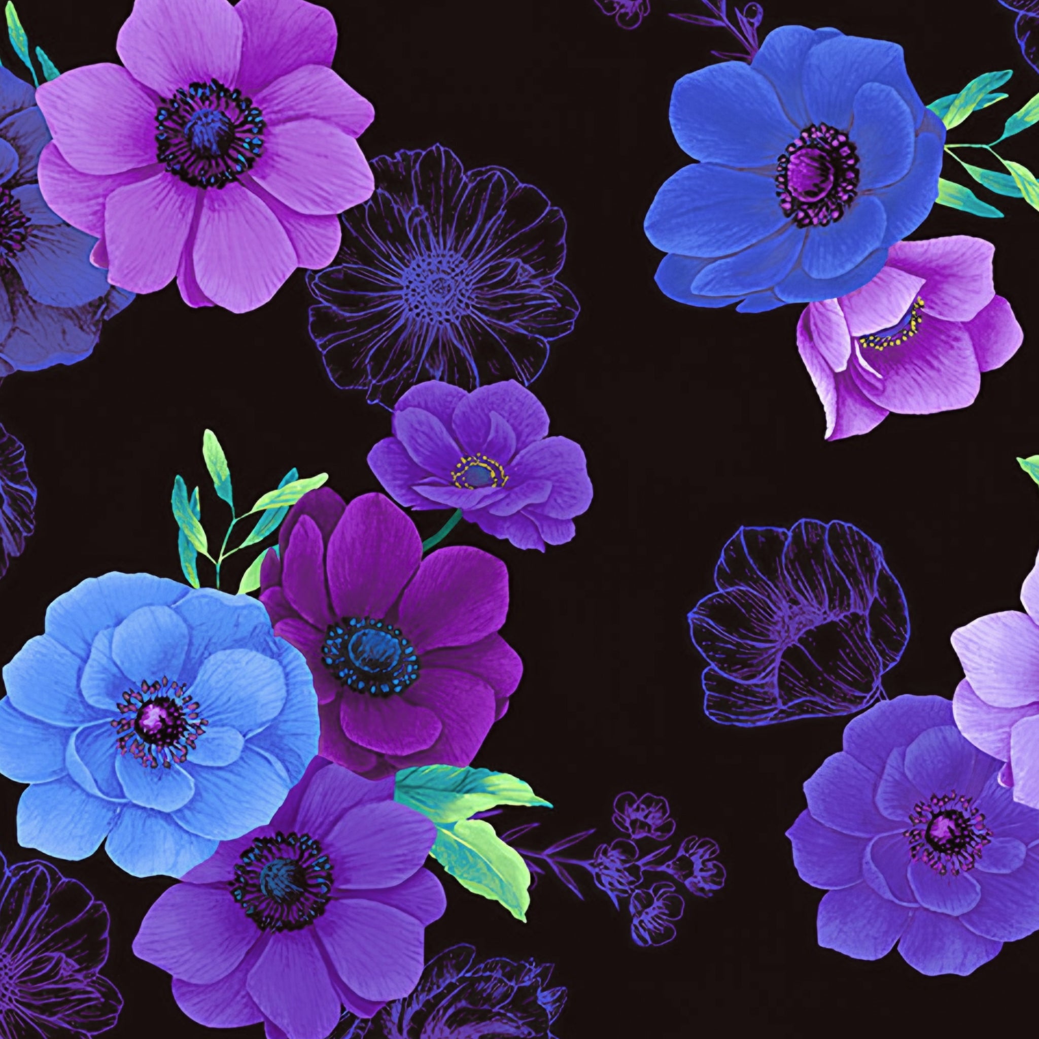 Tossed anemone blooms cobalt blue violet purple mauve lime green leaves ghost flower outlines black background digital print fabric for feature quilts bags cushions and elegant home décor