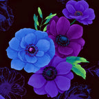 Tossed anemone blooms cobalt blue violet purple mauve lime green leaves ghost flower outlines black background digital print fabric for feature quilts bags cushions and elegant home décor