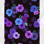 Tossed anemone blooms cobalt blue violet purple mauve lime green leaves ghost flower outlines black background digital print fabric for feature quilts bags cushions and elegant home décor