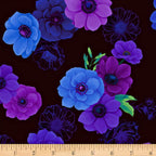 Tossed anemone blooms cobalt blue violet purple mauve lime green leaves ghost flower outlines black background digital print fabric for feature quilts bags cushions and elegant home décor