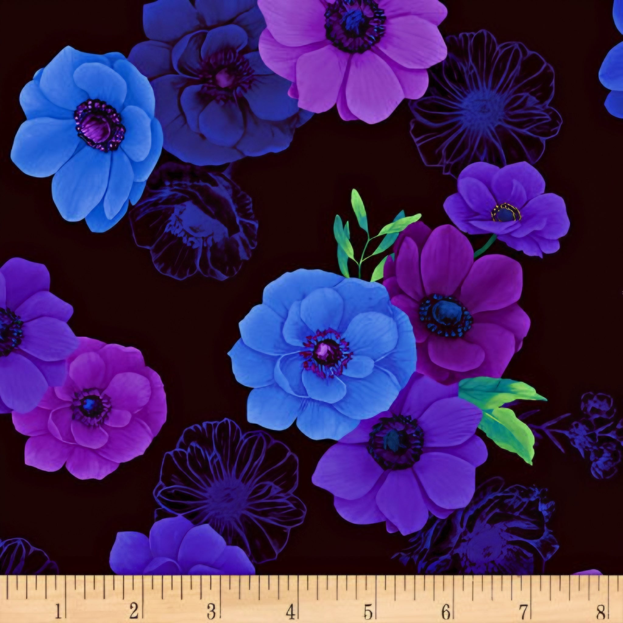 Tossed anemone blooms cobalt blue violet purple mauve lime green leaves ghost flower outlines black background digital print fabric for feature quilts bags cushions and elegant home décor