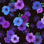 Tossed anemone blooms cobalt blue violet purple mauve lime green leaves ghost flower outlines black background digital print fabric for feature quilts bags cushions and elegant home décor
