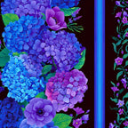 Hydrangea anemone garland border stripe cobalt blue purple mauve violet vine bell flowers black background digital print fabric for quilt borders sashing table runners and elegant home décor