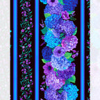 Hydrangea anemone garland border stripe cobalt blue purple mauve violet vine bell flowers black background digital print fabric for quilt borders sashing table runners and elegant home décor