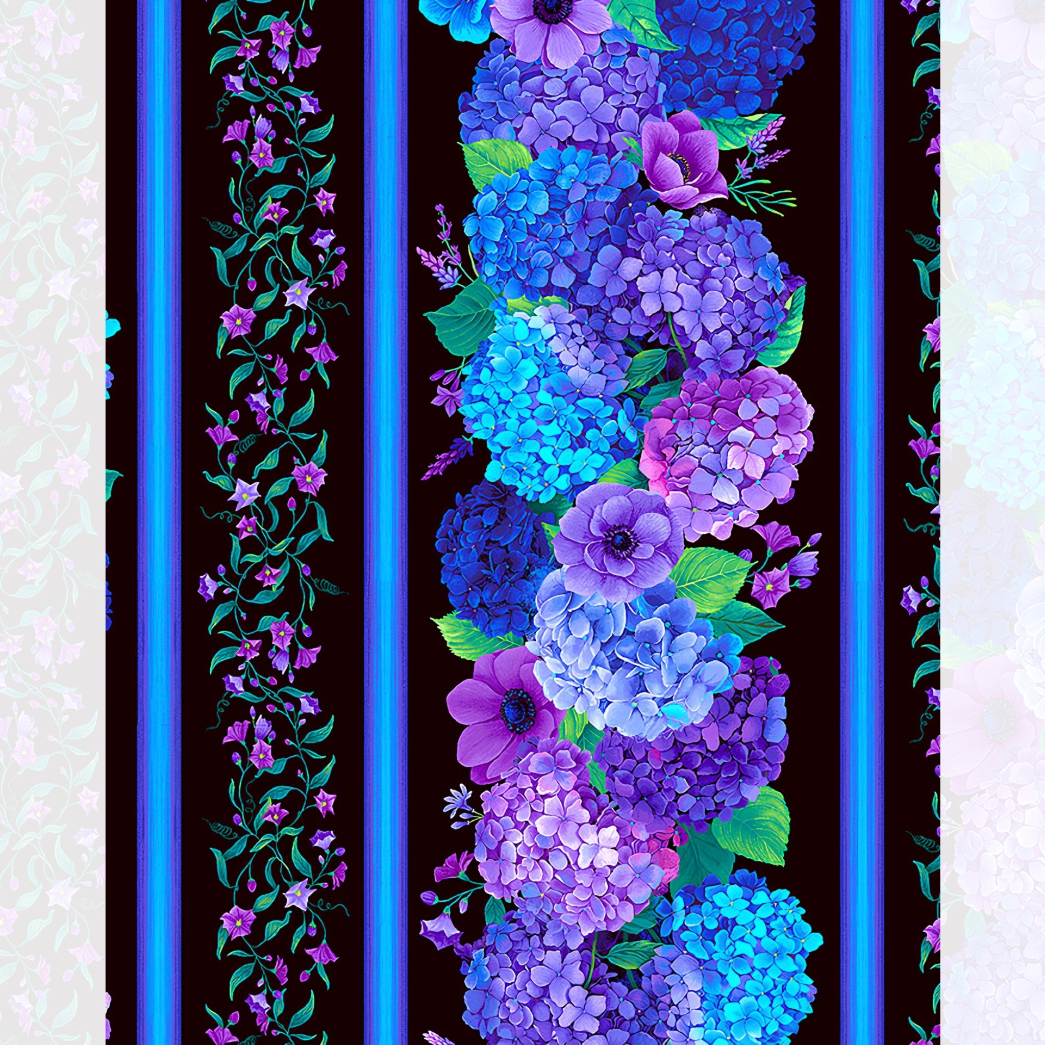 Hydrangea anemone garland border stripe cobalt blue purple mauve violet vine bell flowers black background digital print fabric for quilt borders sashing table runners and elegant home décor