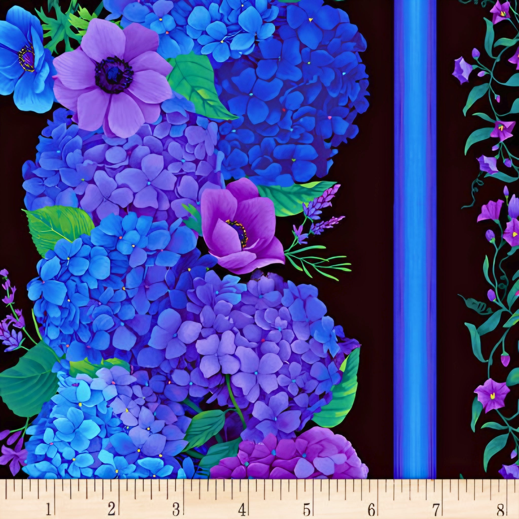 Hydrangea anemone garland border stripe cobalt blue purple mauve violet vine bell flowers black background digital print fabric for quilt borders sashing table runners and elegant home décor