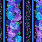 Hydrangea anemone garland border stripe cobalt blue purple mauve violet vine bell flowers black background digital print fabric for quilt borders sashing table runners and elegant home décor