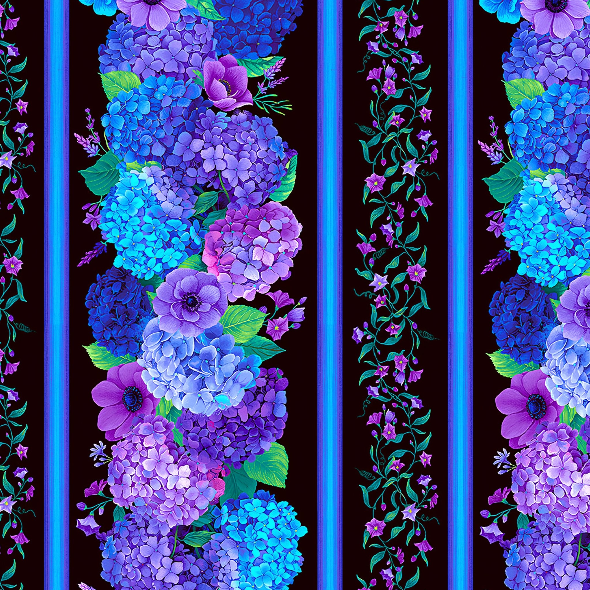 Hydrangea anemone garland border stripe cobalt blue purple mauve violet vine bell flowers black background digital print fabric for quilt borders sashing table runners and elegant home décor