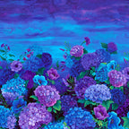 Hydrangea anemone field panel cobalt blue violet purple glowing midnight electric blue sky stars digital print for floral quilts wall hangings and garden lover gifts
