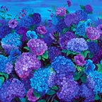 Hydrangea anemone field panel cobalt blue violet purple glowing midnight electric blue sky stars digital print for floral quilts wall hangings and garden lover gifts