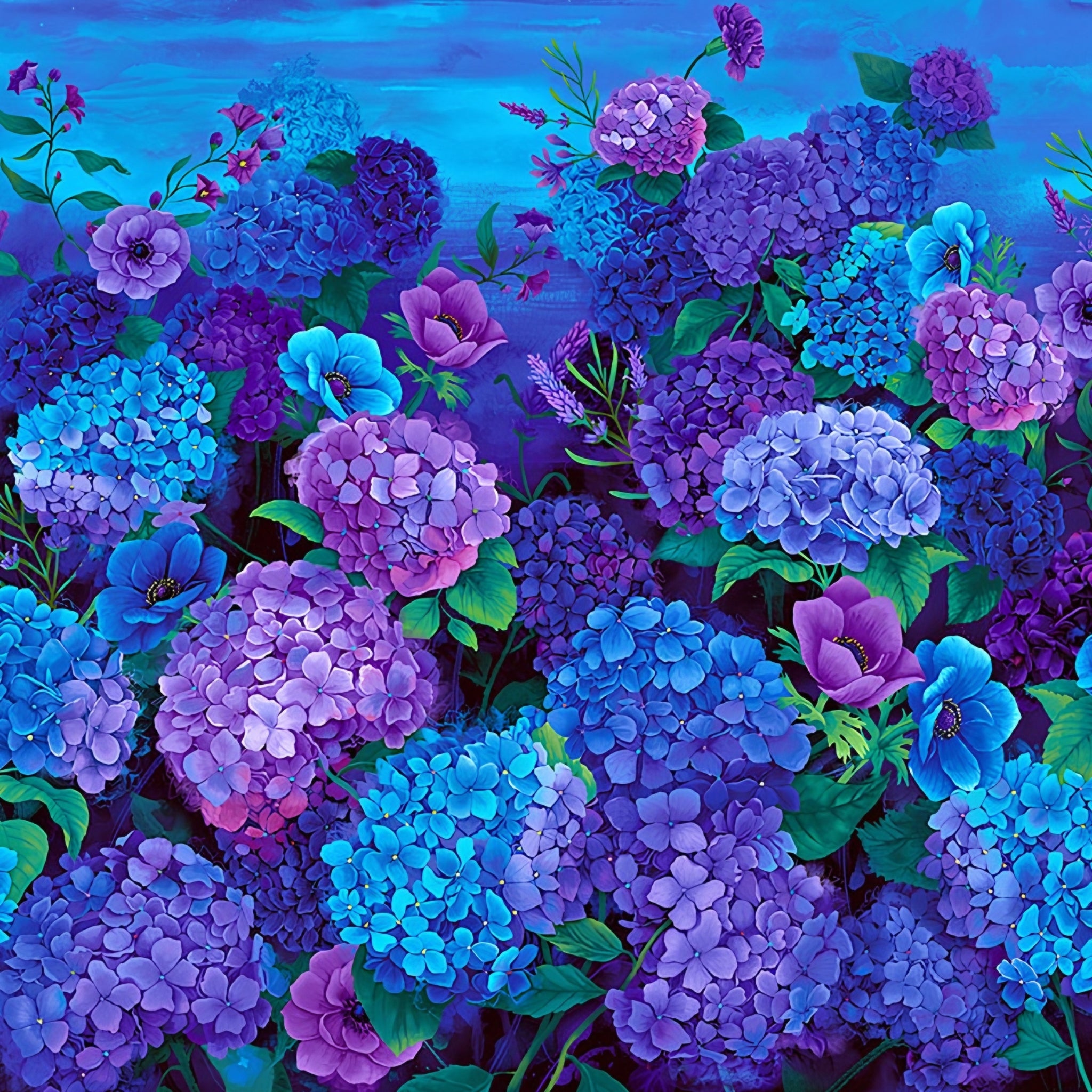 Hydrangea anemone field panel cobalt blue violet purple glowing midnight electric blue sky stars digital print for floral quilts wall hangings and garden lover gifts