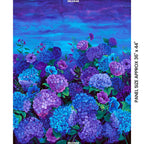 Hydrangea anemone field panel cobalt blue violet purple glowing midnight electric blue sky stars digital print for floral quilts wall hangings and garden lover gifts