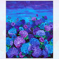 Hydrangea anemone field panel cobalt blue violet purple glowing midnight electric blue sky stars digital print for floral quilts wall hangings and garden lover gifts