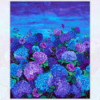Hydrangea anemone field panel cobalt blue violet purple glowing midnight electric blue sky stars digital print for floral quilts wall hangings and garden lover gifts