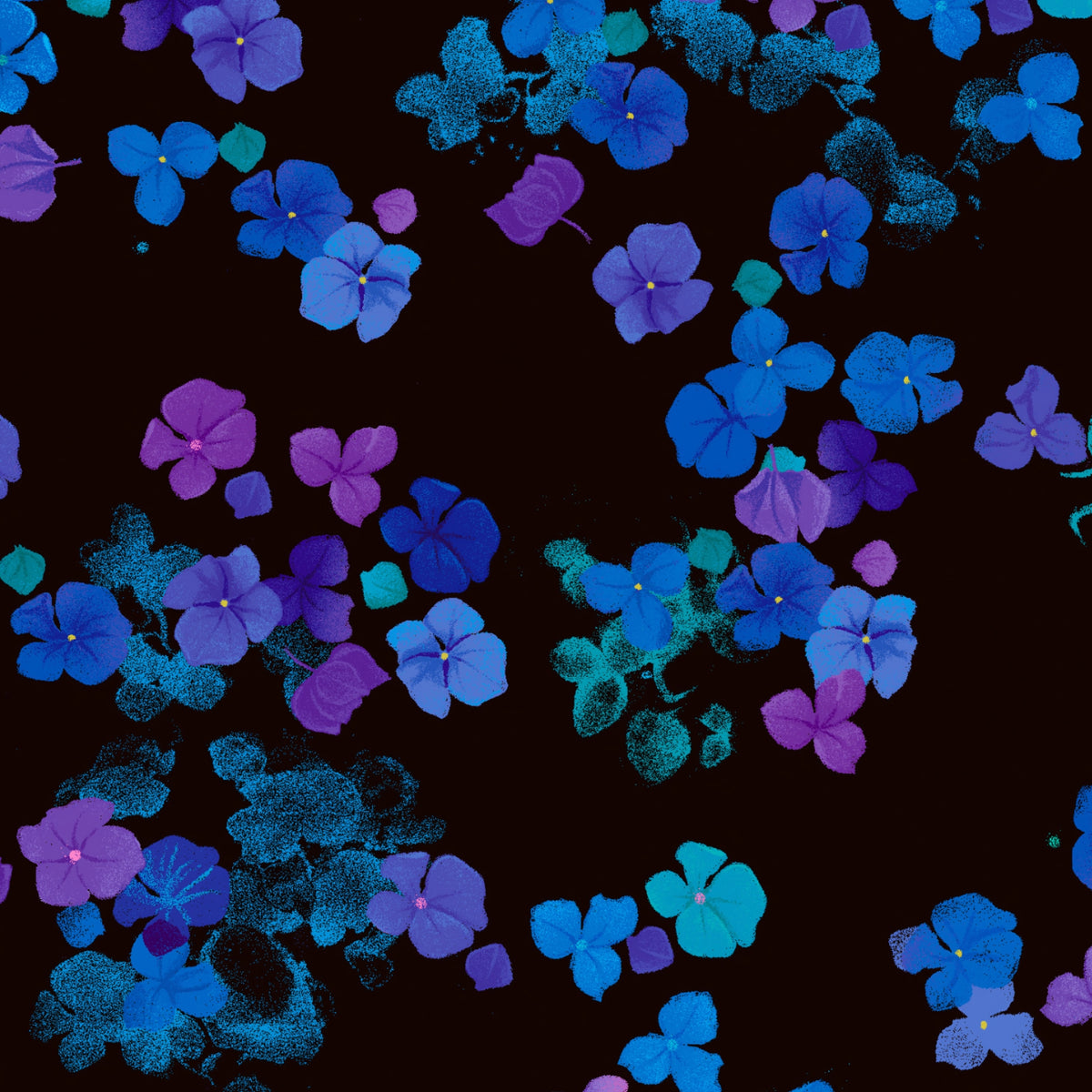 Scattered hydrangea florets cobalt blue violet purple turquoise black background digital print fabric for garden quilts cushions zip pouches and jacket lining