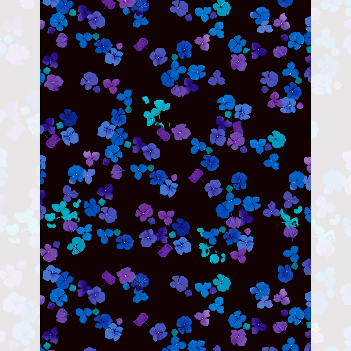 Scattered hydrangea florets cobalt blue violet purple turquoise black background digital print fabric for garden quilts cushions zip pouches and jacket lining