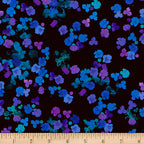 Scattered hydrangea florets cobalt blue violet purple turquoise black background digital print fabric for garden quilts cushions zip pouches and jacket lining