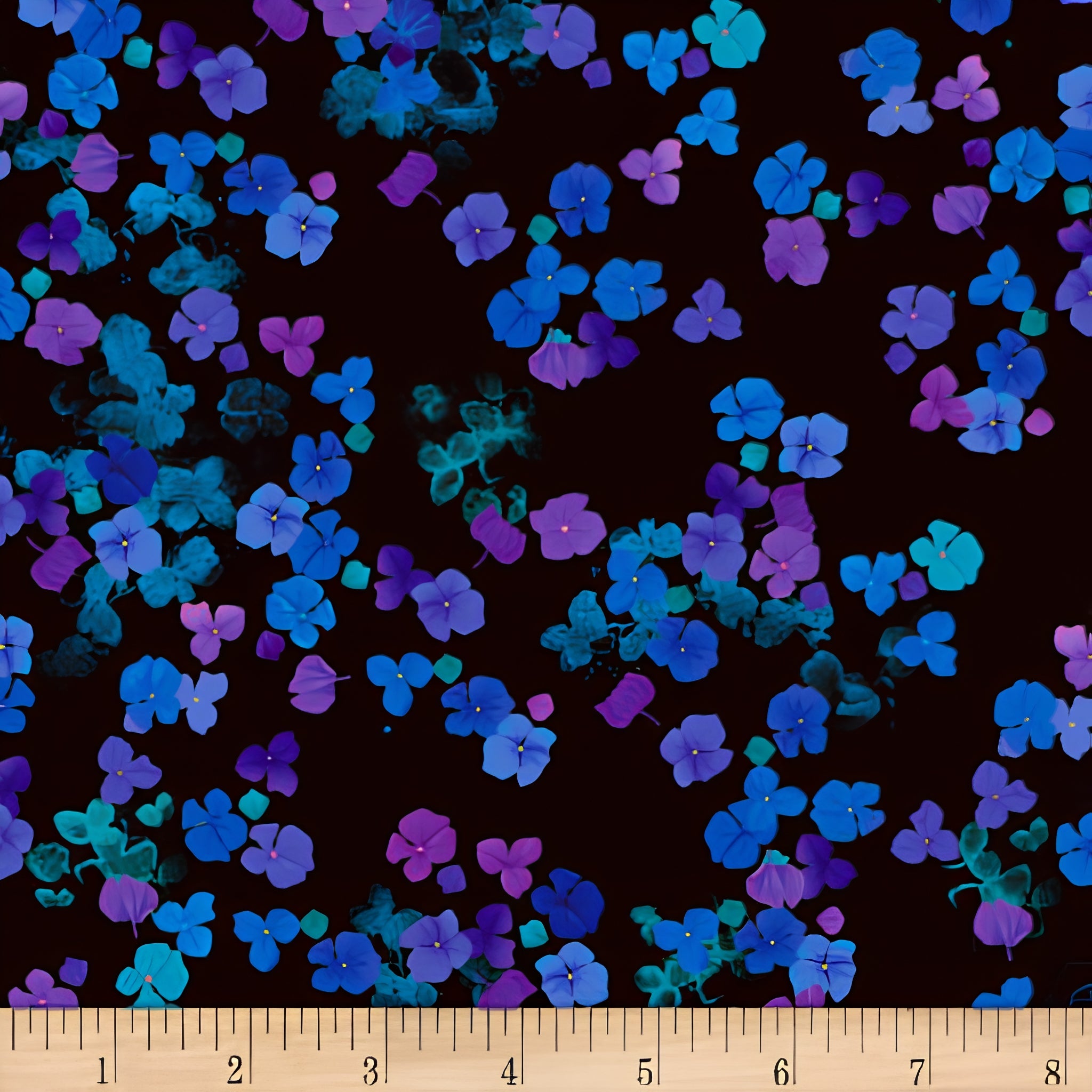 Scattered hydrangea florets cobalt blue violet purple turquoise black background digital print fabric for garden quilts cushions zip pouches and jacket lining