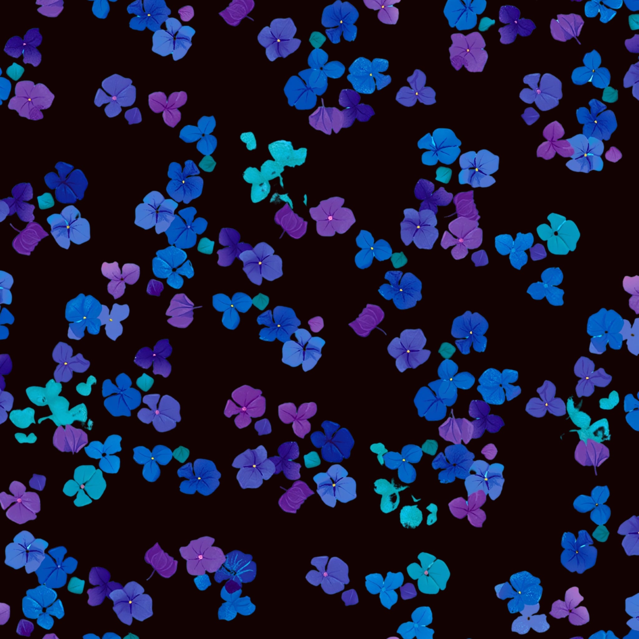 Scattered hydrangea florets cobalt blue violet purple turquoise black background digital print fabric for garden quilts cushions zip pouches and jacket lining