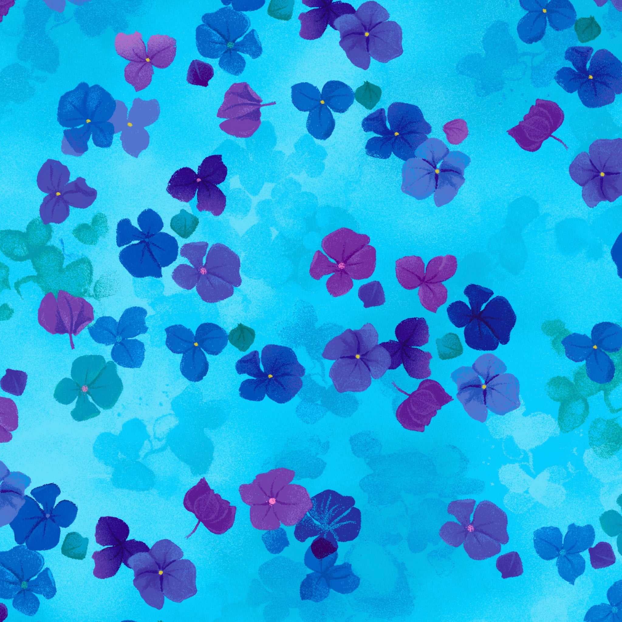 Scattered hydrangea florets cobalt blue navy mauve bright watercolour turquoise background digital print fabric for garden quilts children's projects summer bags and zip pouches