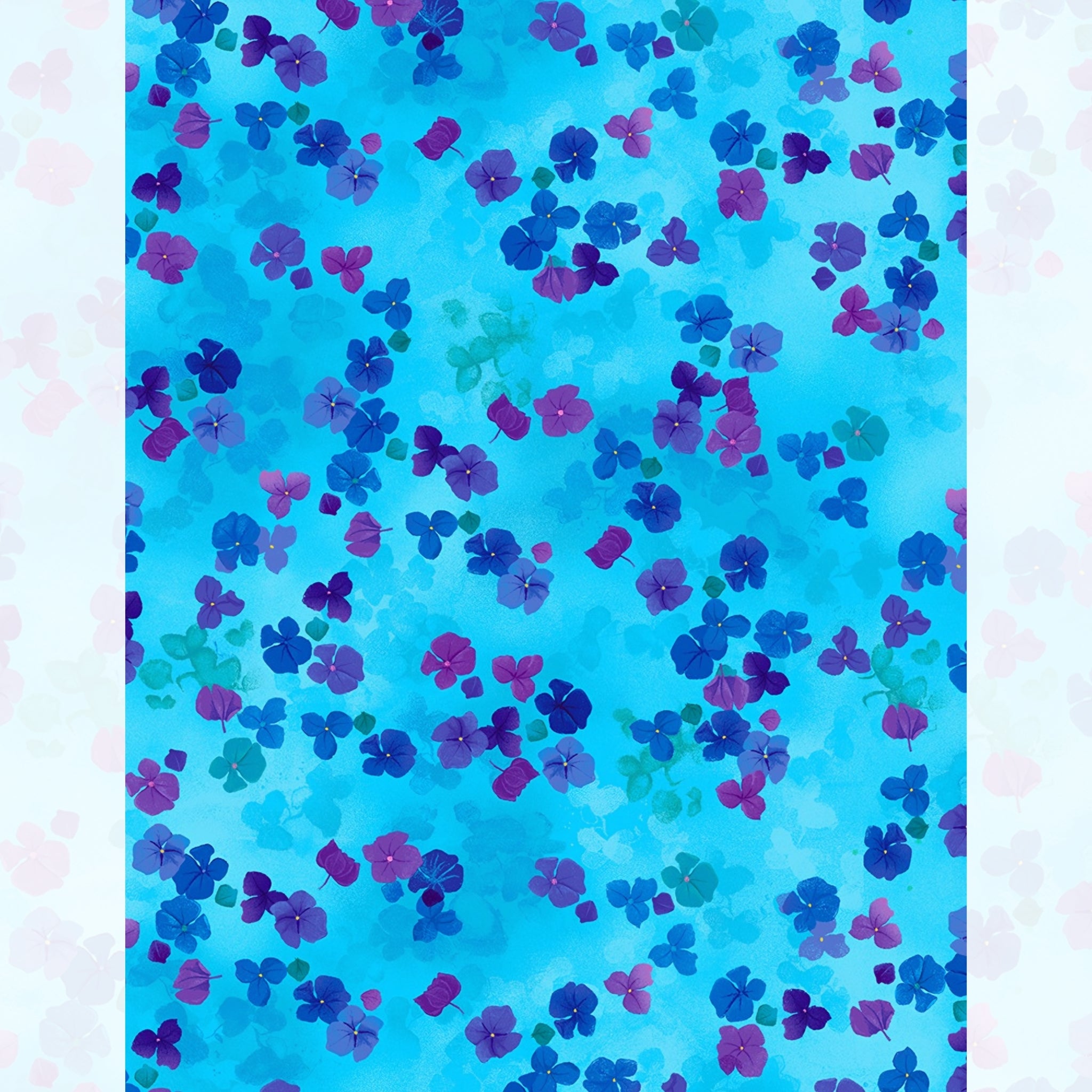 Scattered hydrangea florets cobalt blue navy mauve bright watercolour turquoise background digital print fabric for garden quilts children's projects summer bags and zip pouches