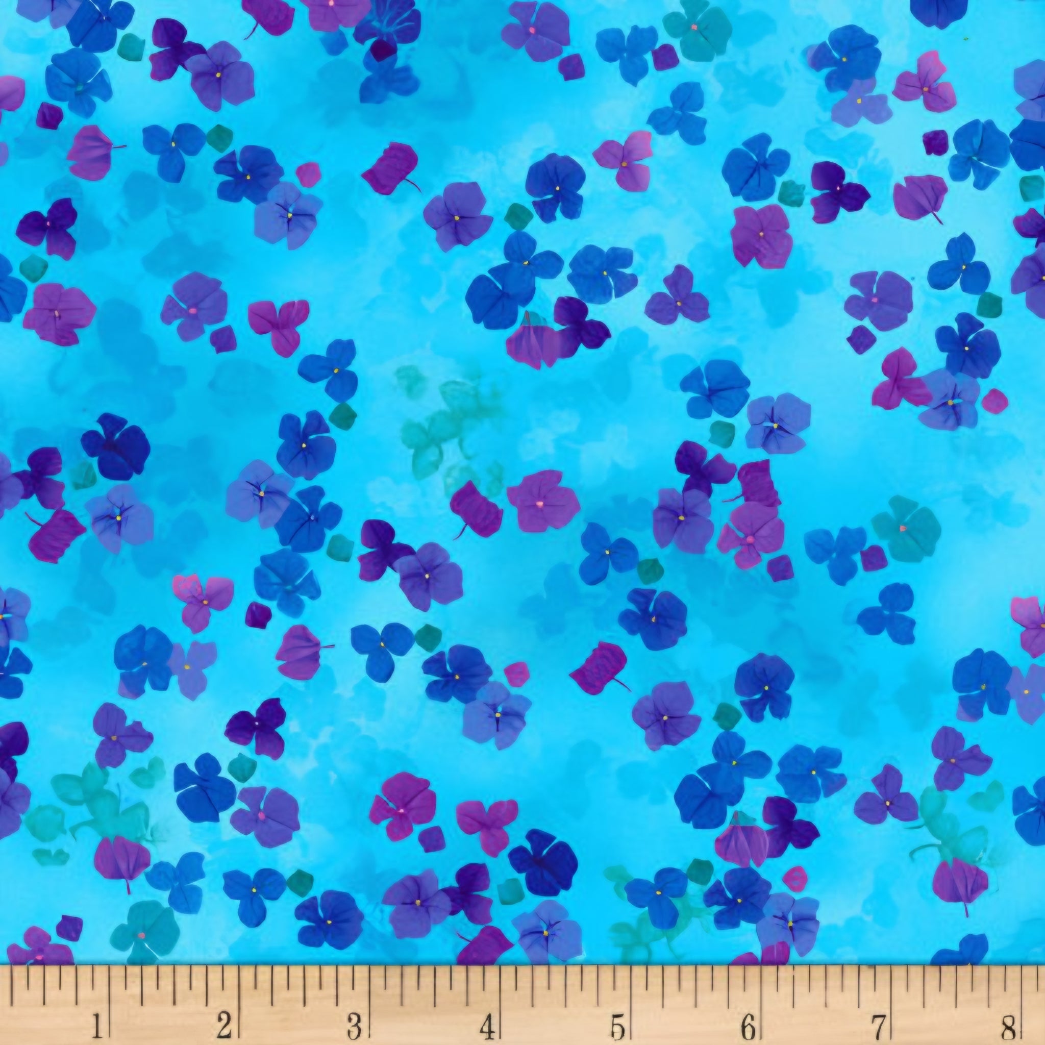 Scattered hydrangea florets cobalt blue navy mauve bright watercolour turquoise background digital print fabric for garden quilts children's projects summer bags and zip pouches