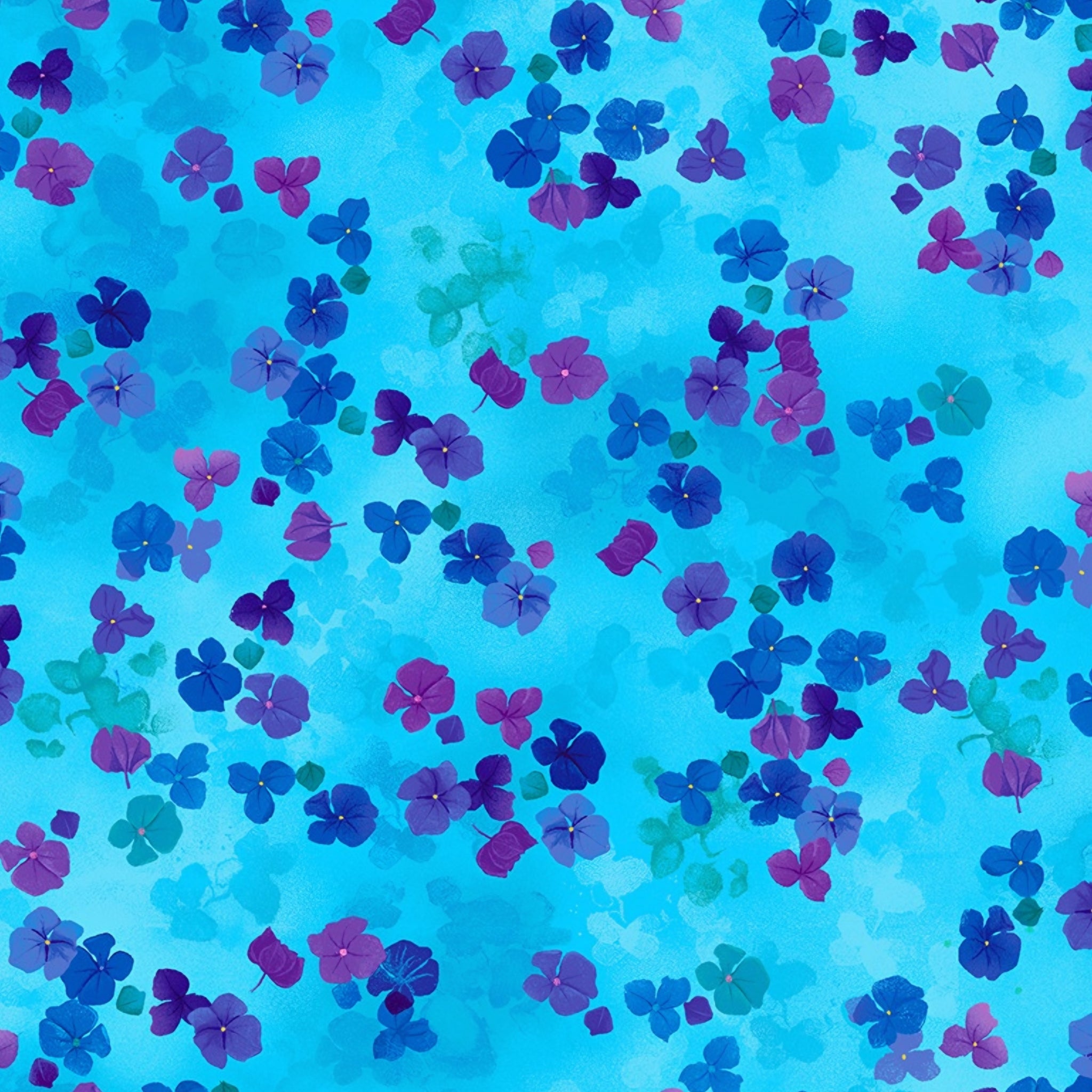 Scattered hydrangea florets cobalt blue navy mauve bright watercolour turquoise background digital print fabric for garden quilts children's projects summer bags and zip pouches