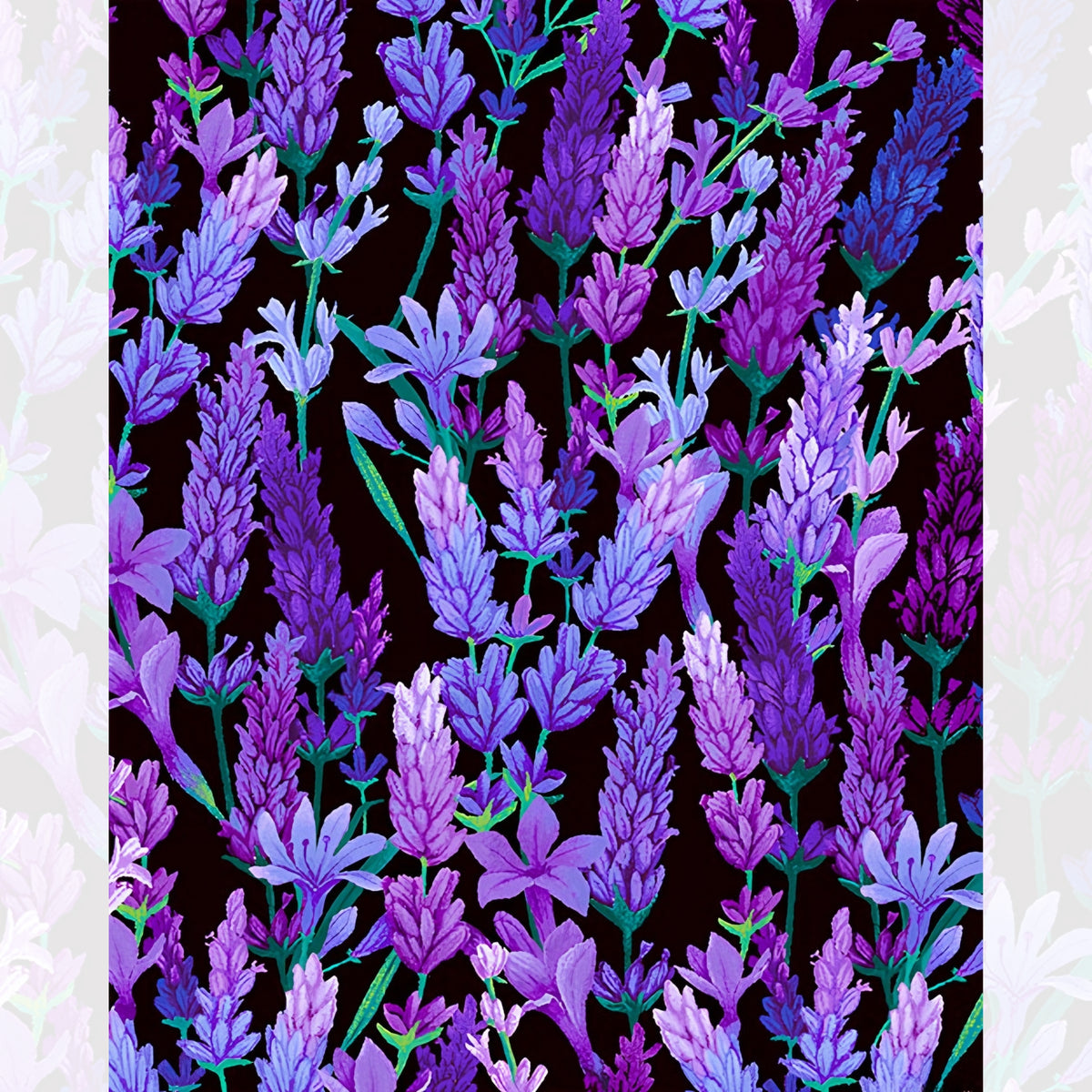 Packed lavender sprigs violet purple lilac periwinkle blue dark green stems black background digital print fabric for garden quilts table runners lavender lover gifts and zip pouches