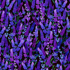 Packed lavender sprigs violet purple lilac periwinkle blue dark green stems black background digital print fabric for garden quilts table runners lavender lover gifts and zip pouches