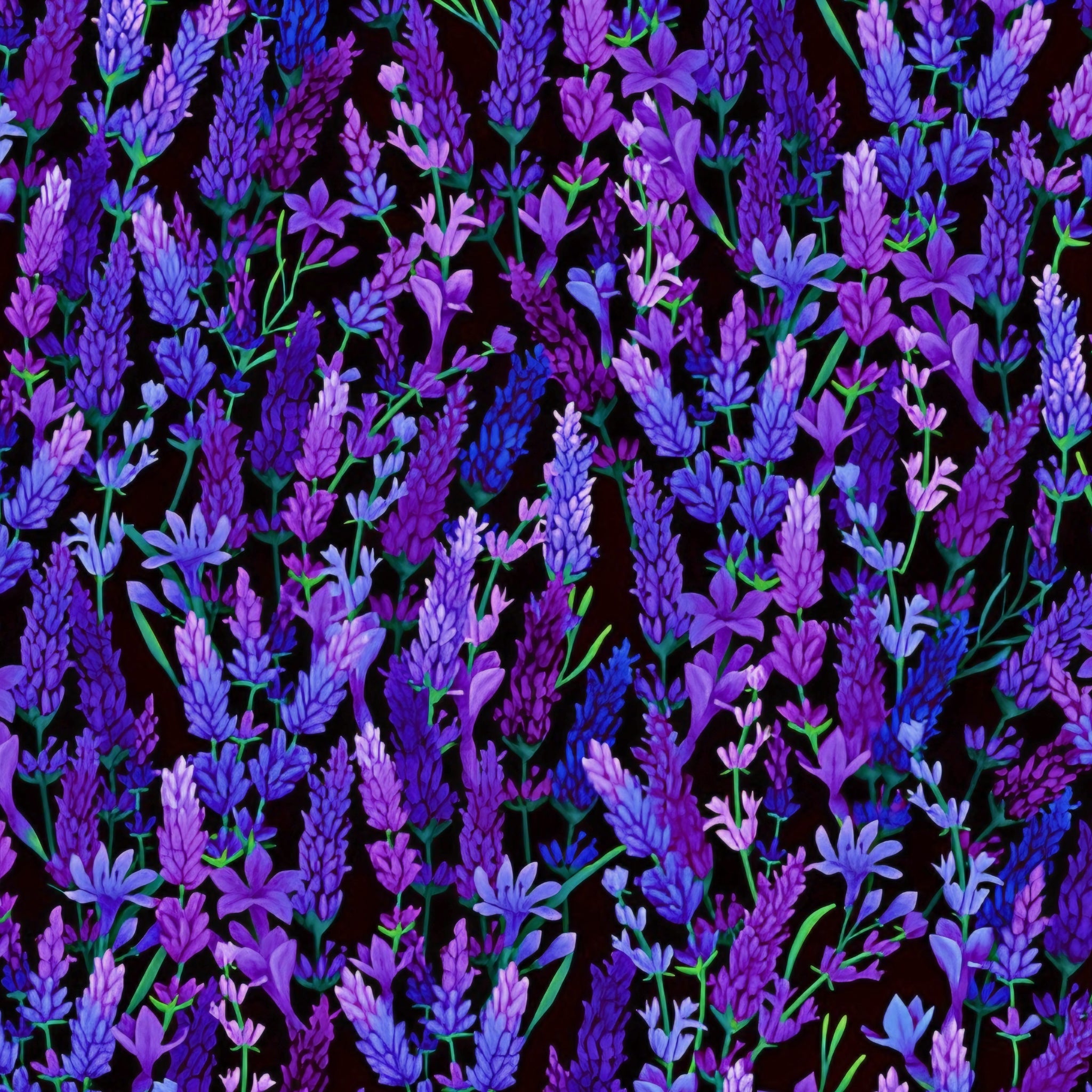 Packed lavender sprigs violet purple lilac periwinkle blue dark green stems black background digital print fabric for garden quilts table runners lavender lover gifts and zip pouches