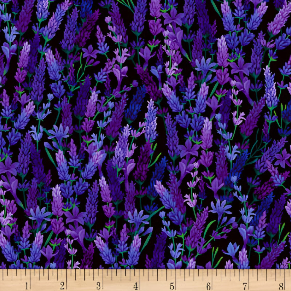 Packed lavender sprigs violet purple lilac periwinkle blue dark green stems black background digital print fabric for garden quilts table runners lavender lover gifts and zip pouches
