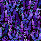 Packed lavender sprigs violet purple lilac periwinkle blue dark green stems black background digital print fabric for garden quilts table runners lavender lover gifts and zip pouches
