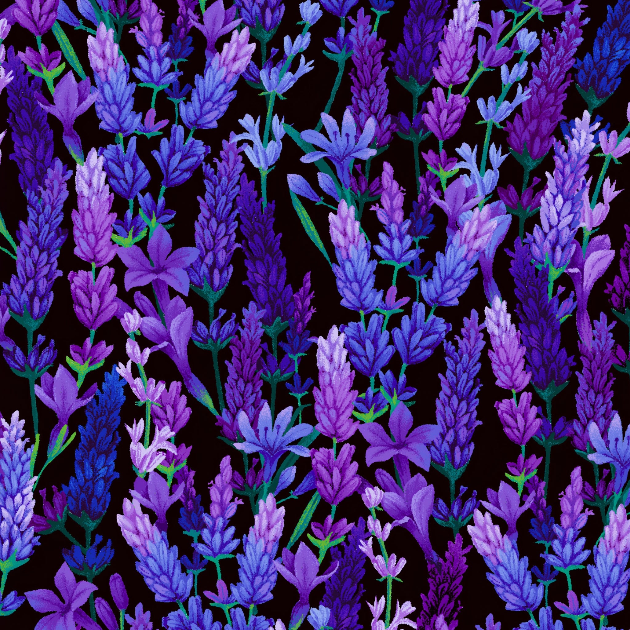 Packed lavender sprigs violet purple lilac periwinkle blue dark green stems black background digital print fabric for garden quilts table runners lavender lover gifts and zip pouches