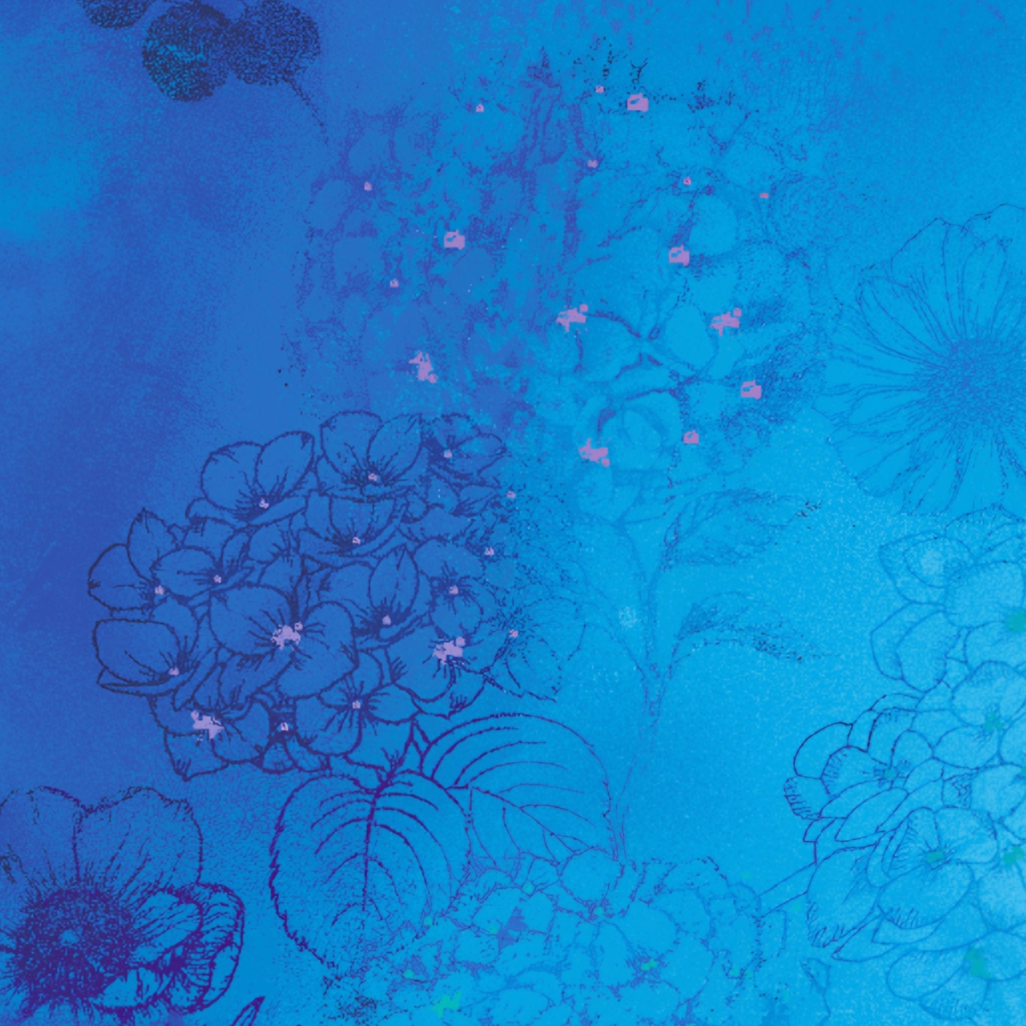 Tonal hydrangea heads leaf sketches navy cobalt outline luminous watercolour aqua turquoise background digital print fabric for garden quilts cushions zip pouches and blue blender patchwork projects