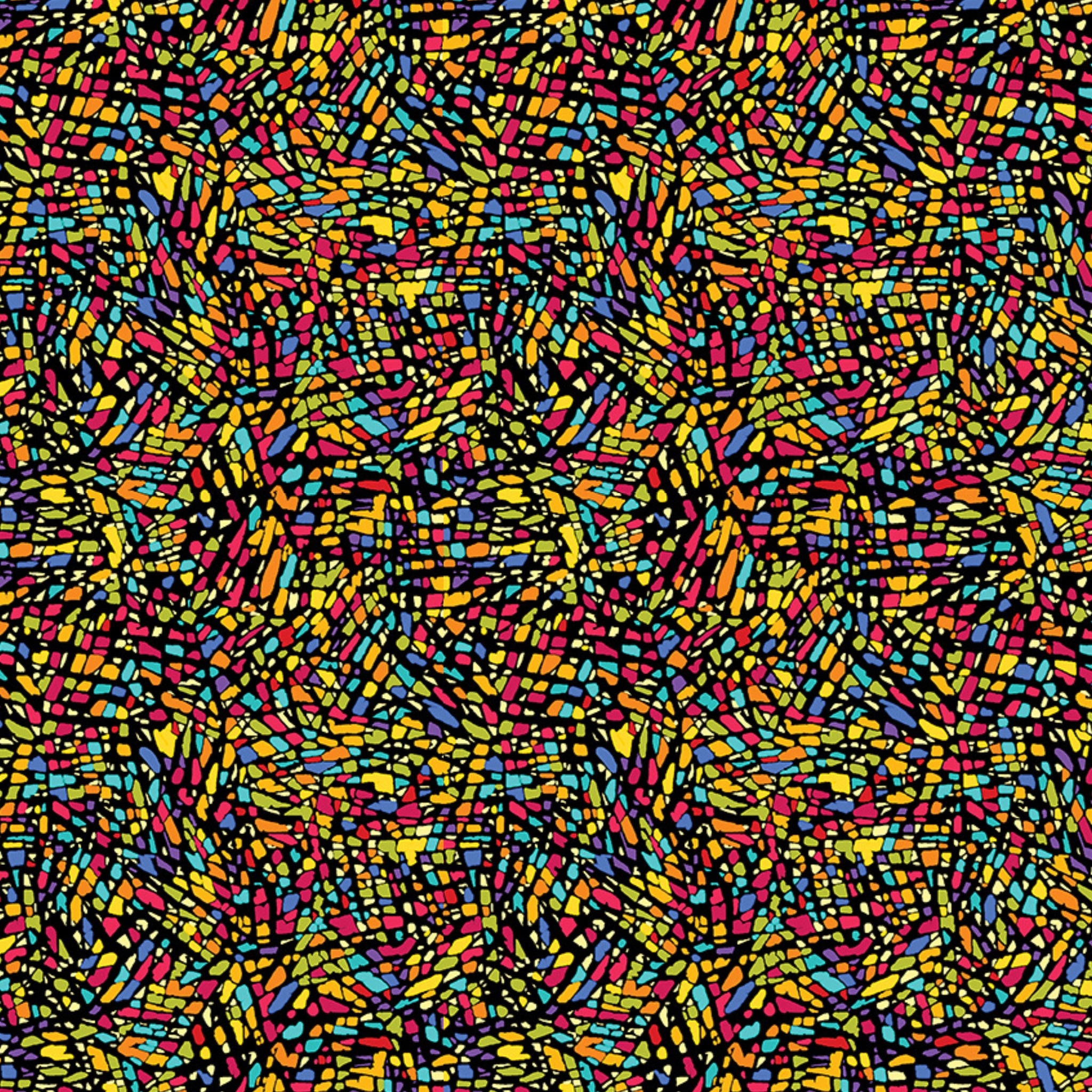 Stained glass mosaic yellow orange red turquoise blue fabric for modern quilts cushions tote bags and patchwork sewing projects