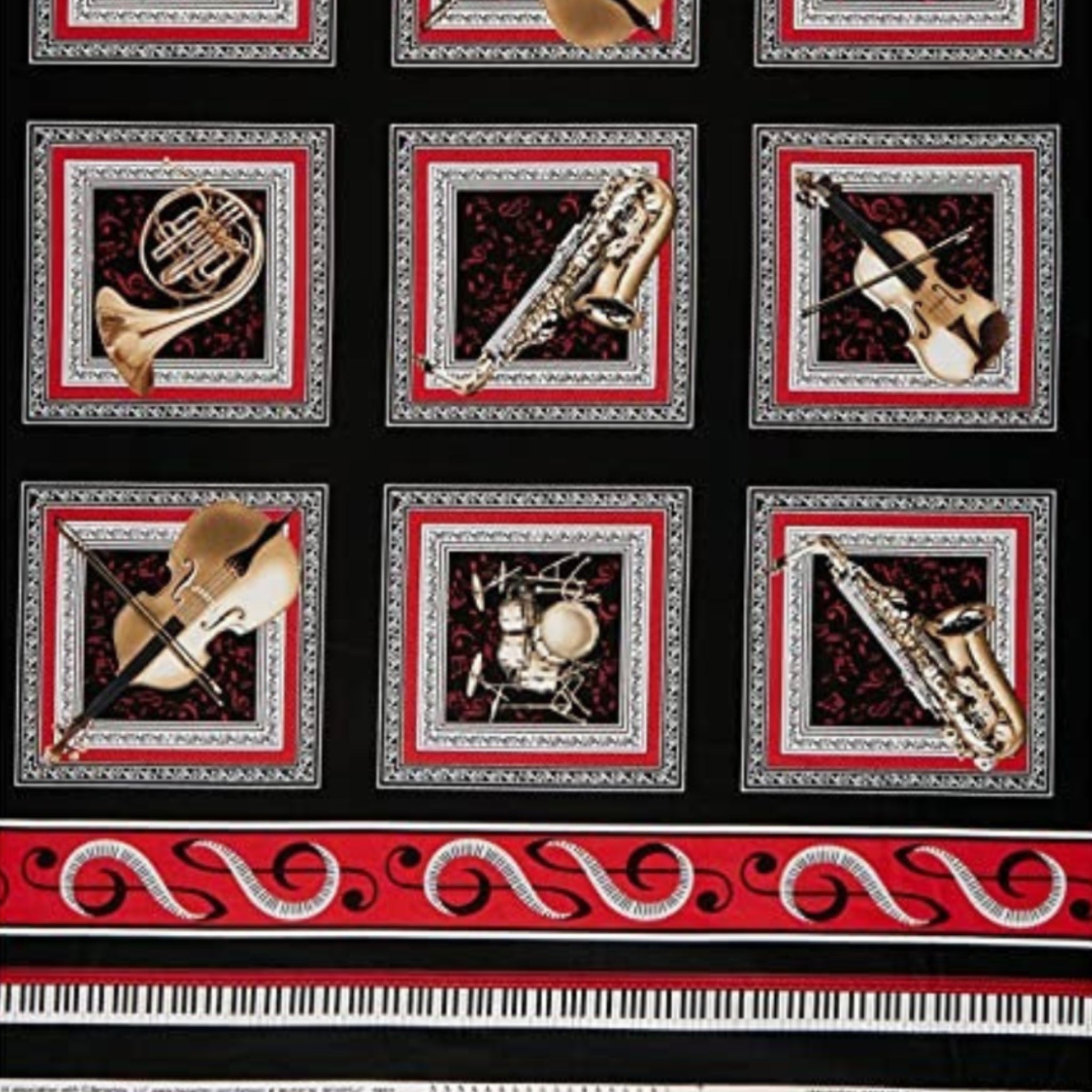 Musical Moments boxes panel black fabric trumpet piano saxophone cello violin for music teacher gifts musician quilts