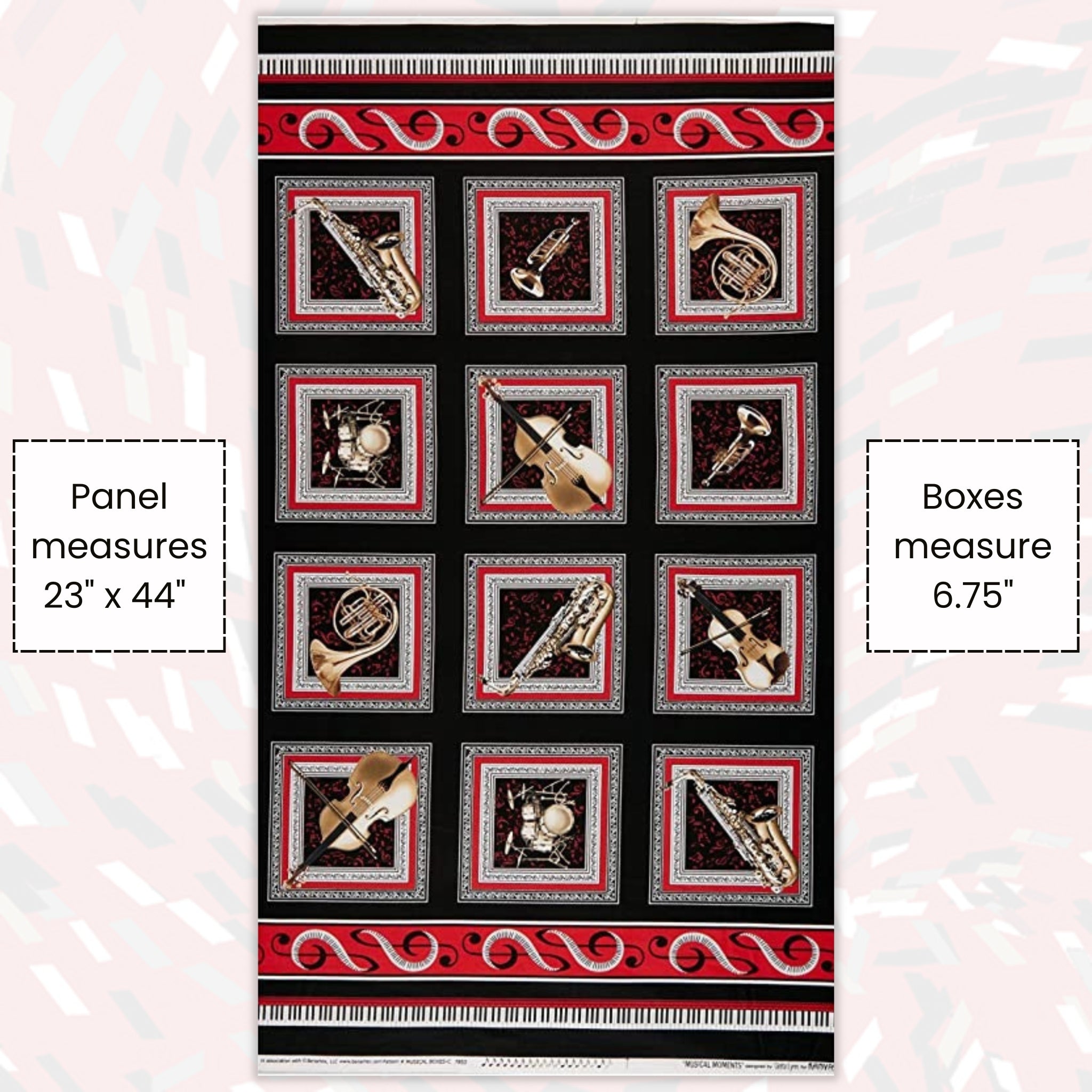 Musical Moments boxes panel black fabric trumpet piano saxophone cello violin for music teacher gifts musician quilts