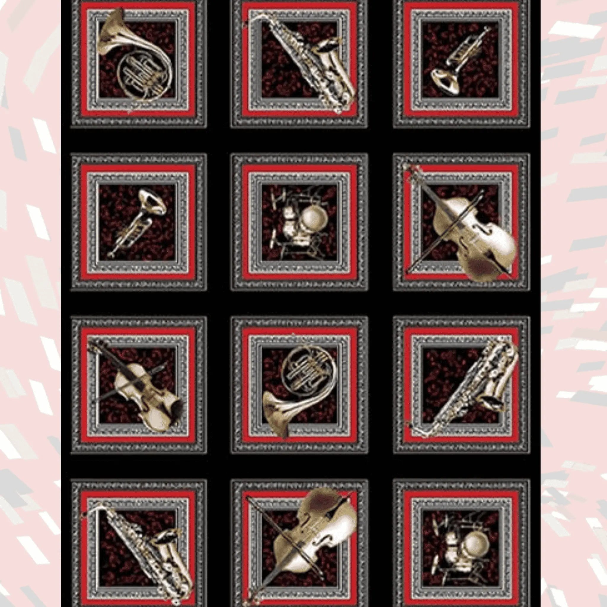 Musical Moments Instrument Panel Brass Trumpet Cello Saxophone - Three Wishes Patchwork Fabric