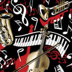 Black red music fabric with trumpet piano saxophone cello violin treble g clef for music teacher gifts musician quilts