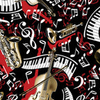 Black red music fabric with trumpet piano saxophone cello violin treble g clef for music teacher gifts musician quilts