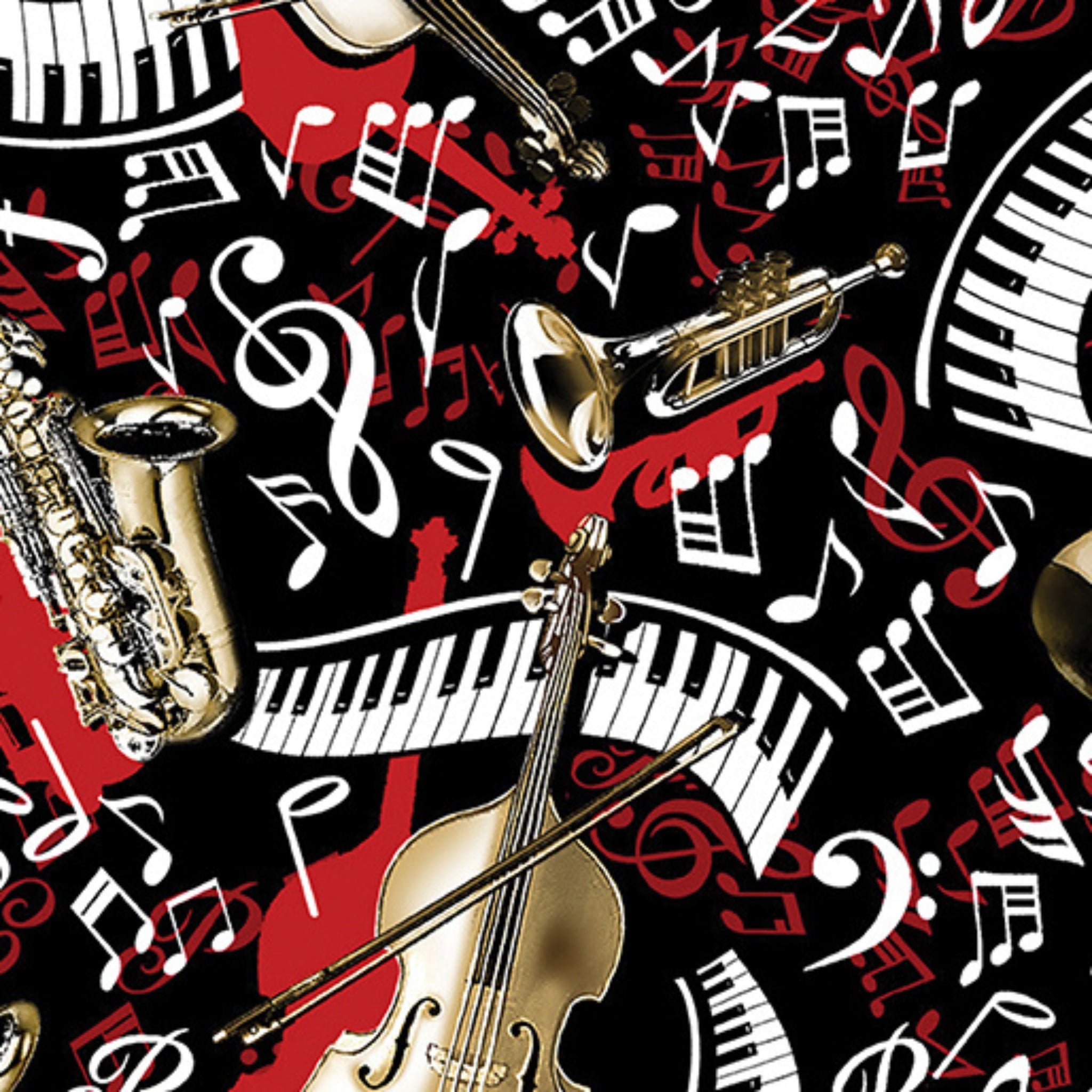 Black red music fabric with trumpet piano saxophone cello violin treble g clef for music teacher gifts musician quilts