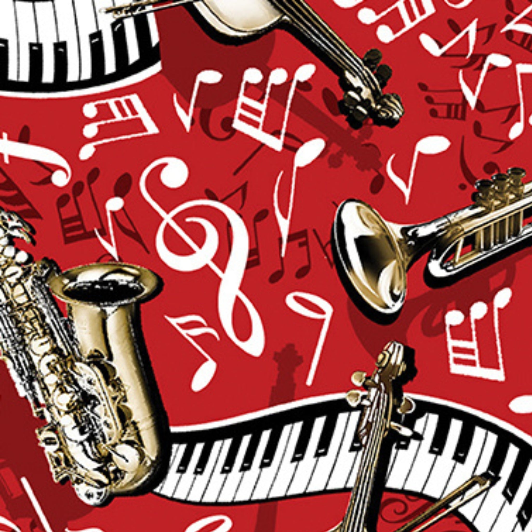 Red music fabric with trumpet piano saxophone cello violin treble g clef for music teacher gifts musician quilts