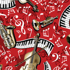 Red music fabric with trumpet piano saxophone cello violin treble g clef for music teacher gifts musician quilts